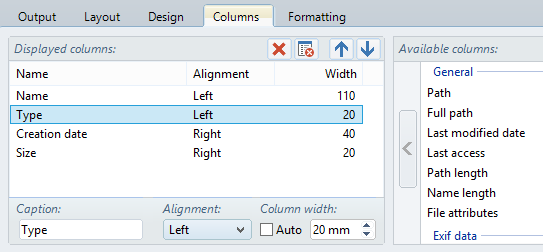 Select columns for the file list